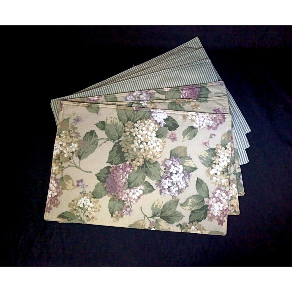 6 Reversible Cloth Fabric Placemats Hydrangea Flower Green Stripe Martha Stewart